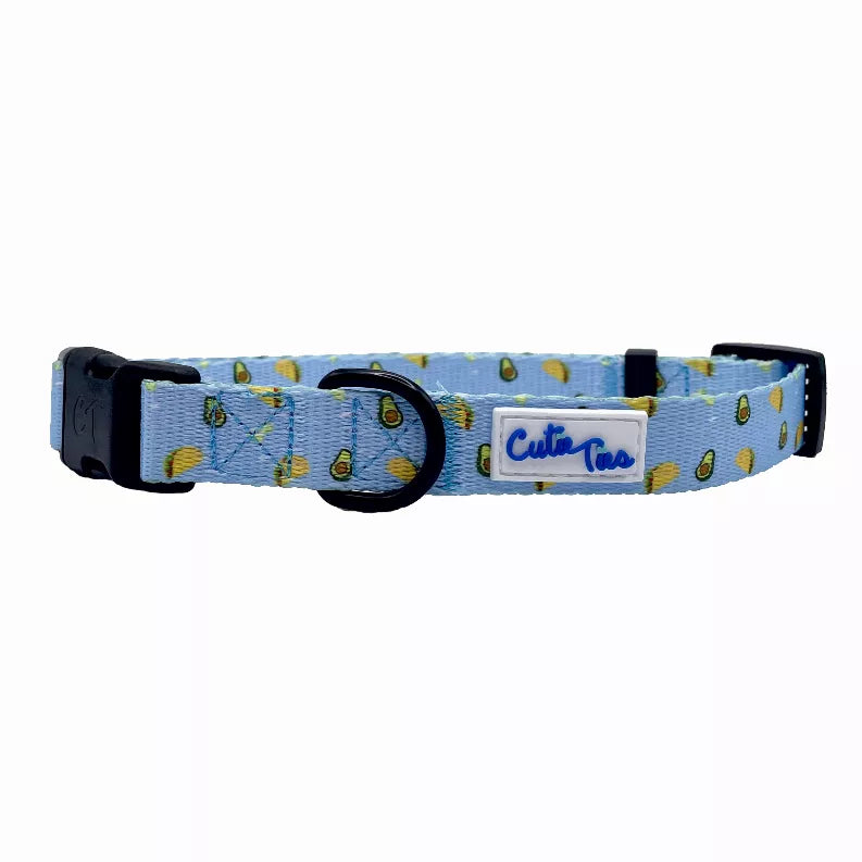 Blue taco-print dog collar with black buckle and small logo patch