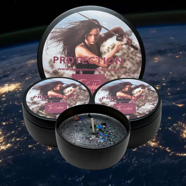 Protection candle in black round tin; open center with glitter wax and wick