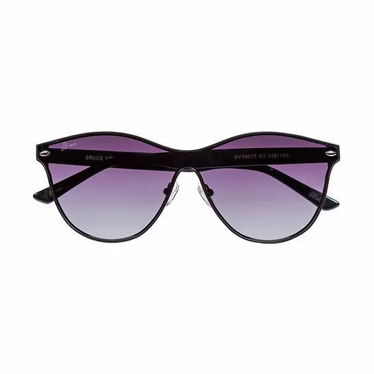 Cat-eye sunglasses with dark frame and purple tinted lenses, front view.