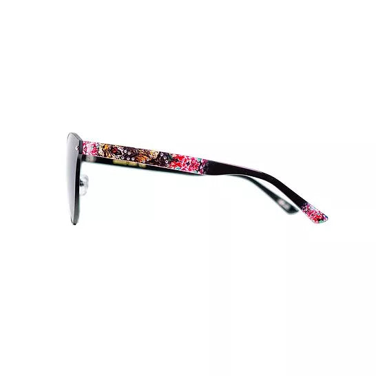 Unisex tiger-print sunglasses, black frame with multicolor temple, dark lenses