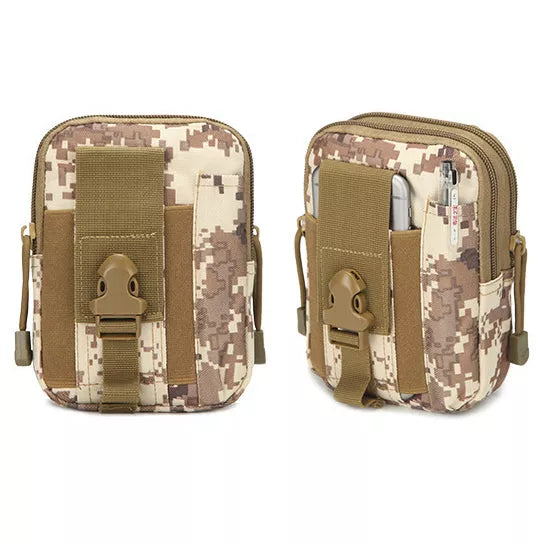Camouflage waterproof carry-all pouch with MOLLE front panel and side zipper pulls