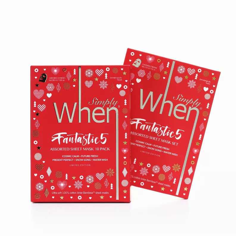 Simply When holiday assorted sheet mask pack boxes in red with festive icon patterns.