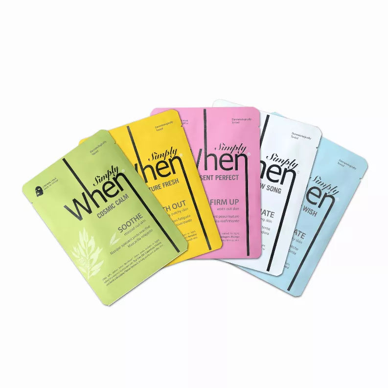 Assorted Simply When sheet mask packets in green, yellow, pink, and blue colors.