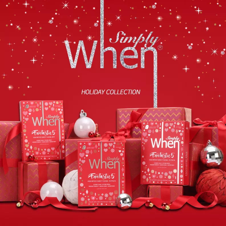 Holiday collection display of Simply When Fantastics5 boxes with gift wrap and ornaments.