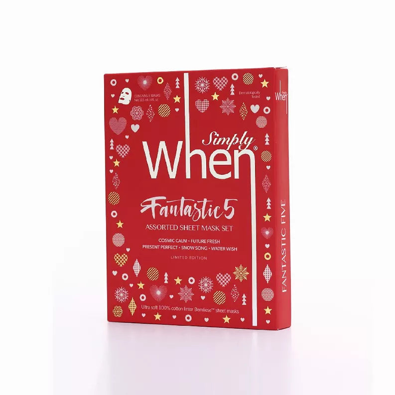 Red Simply When Fantastics5 assorted sheet mask set box with festive icons border.