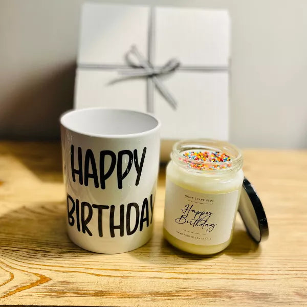 Happy birthday mug and candle set: white mug with black text, glass candle jar