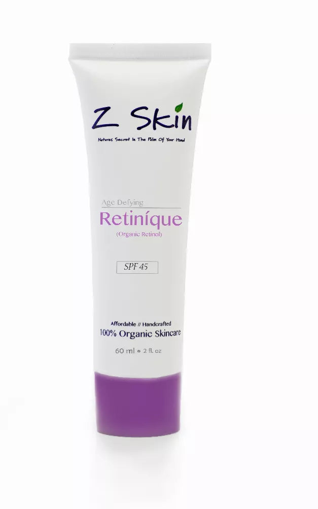 Retini-que retinol moisturizer tube with SPF 45, 60 ml; white body with purple bottom
