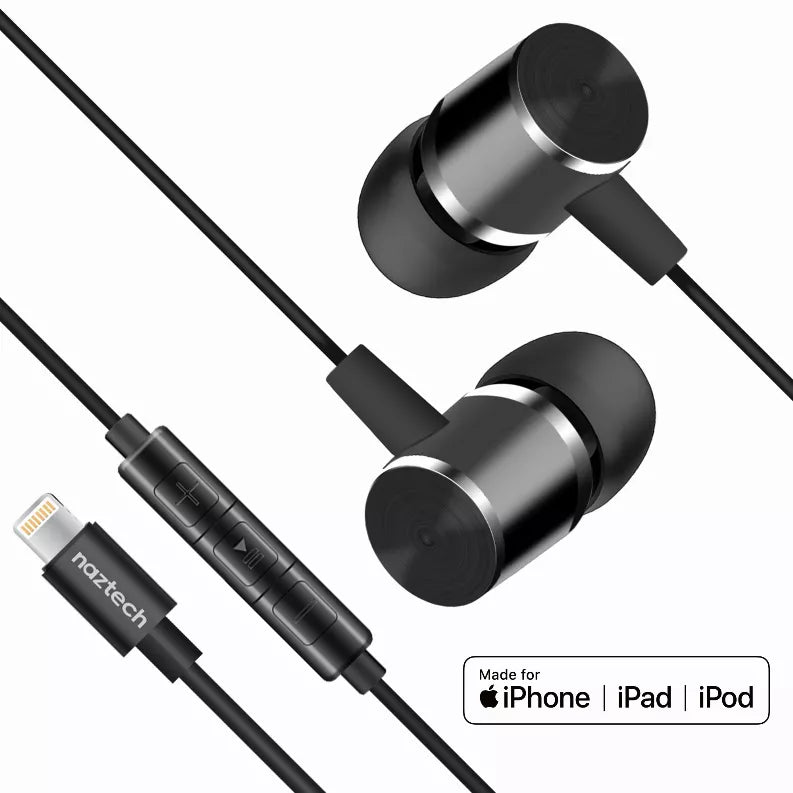 Black MFi Lightning in-ear earbuds with Lightning connector and inline cable