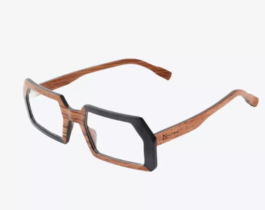 Front view of wood and black square eyeglasses with thick frame and curved temples
