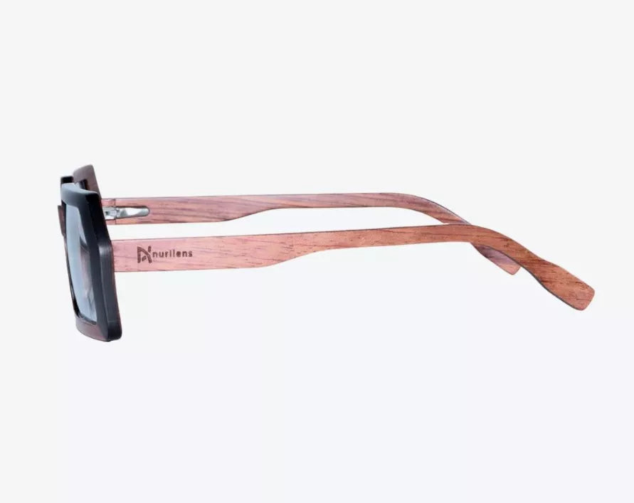 Side view of wood and black square eyeglasses with curved temple arm