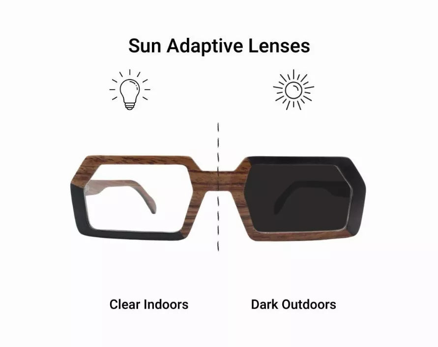Adaptive lenses graphic: clear indoors and dark outdoors on wood and black frames