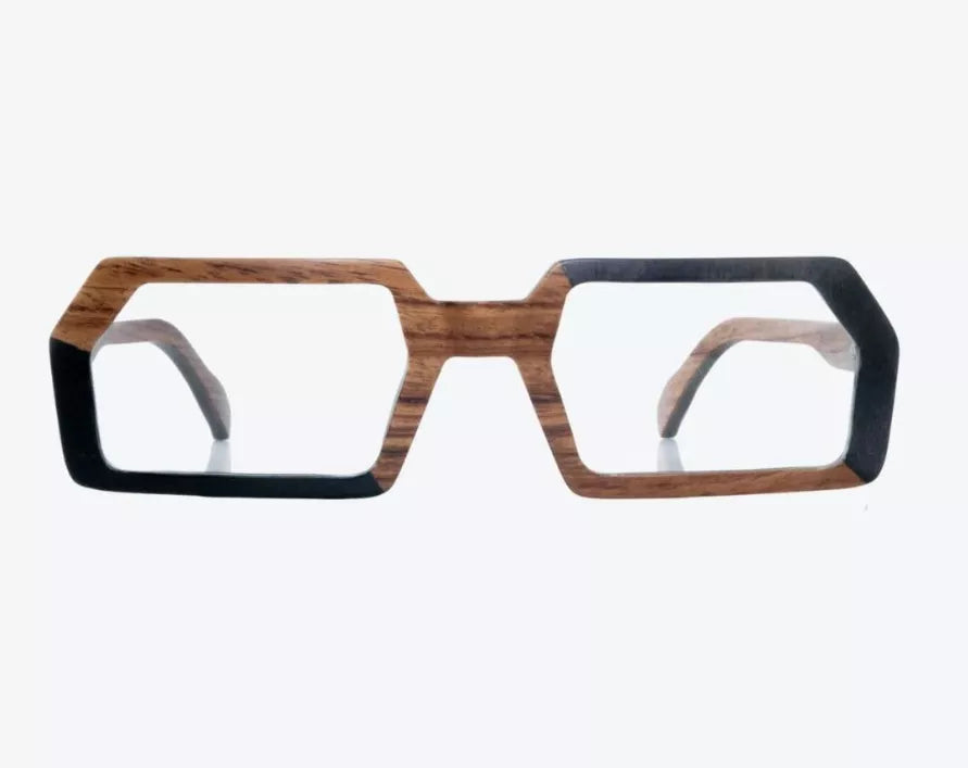 Wood and black square eyeglass frame with cutout temple arms