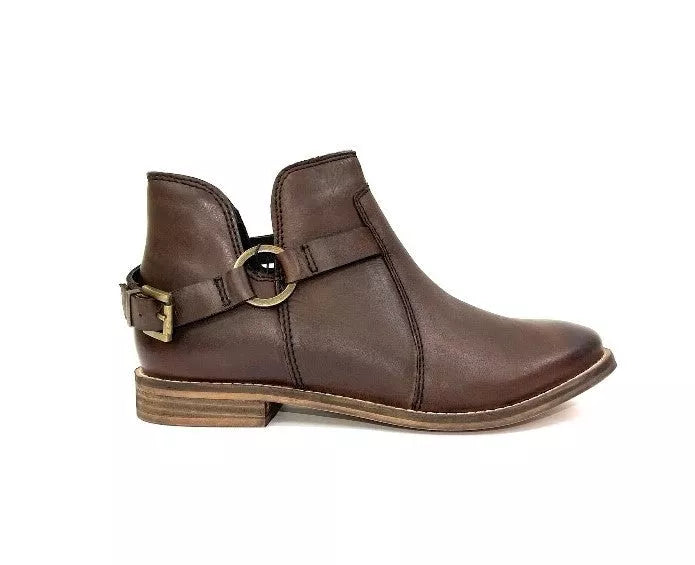 Brown vintage ankle bootie with side buckle strap and stitched panels