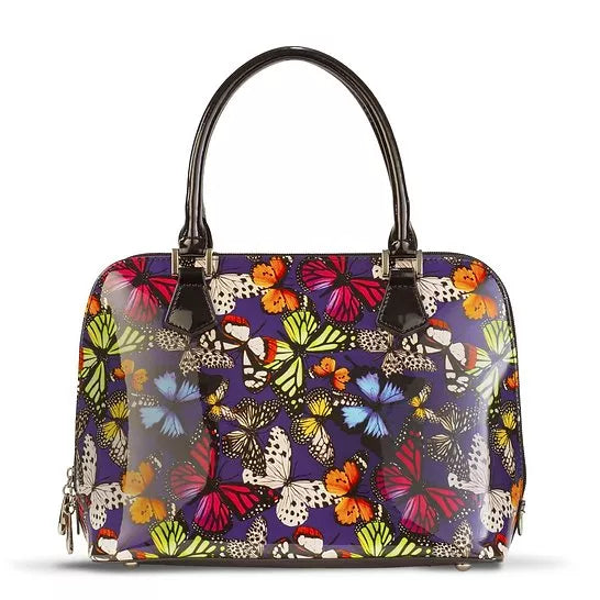 Butterfly-print leather handbag with top handles, zip top, multicolor wings on dark background