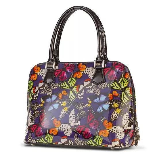 Butterfly-print leather handbag with top handles and side zipper pull, multicolor on dark base