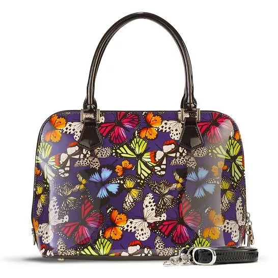 Butterfly-print leather handbag with top handles and detachable strap, multicolor wings on dark base