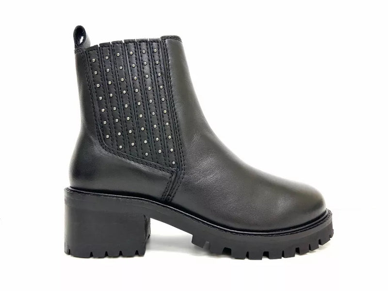 Black flat ankle boot with studded side gore, rounded toe, and chunky tread sole
