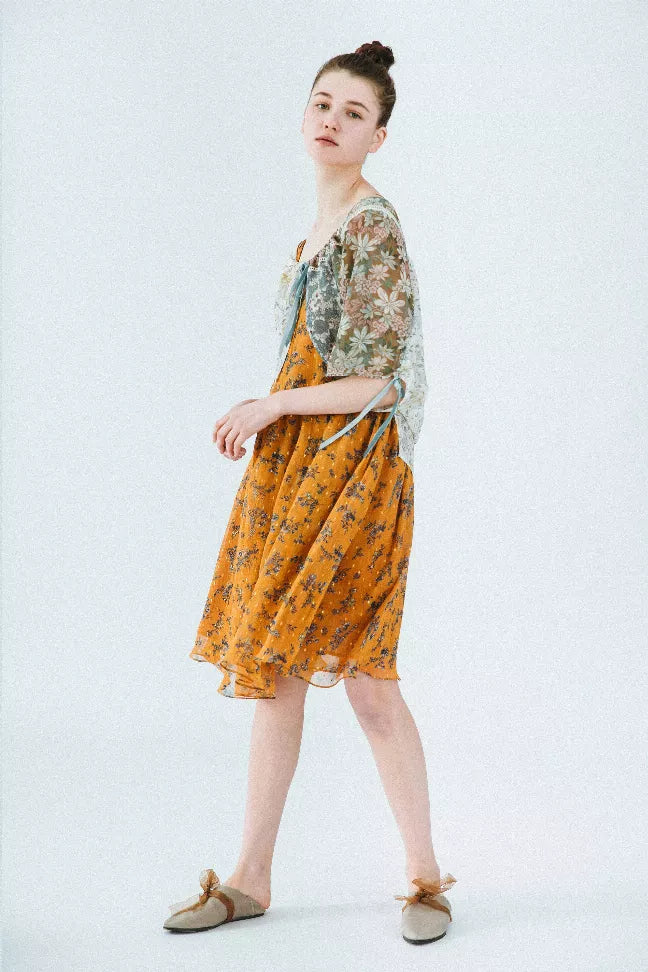 Floral kimono-style dress in orange with green print, 3/4 sleeves, tie waist