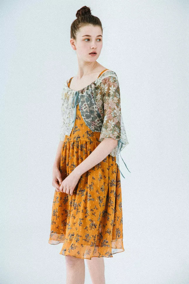 Floral kimono-style dress, orange with green print, gathered waist tie, sheer sleeves