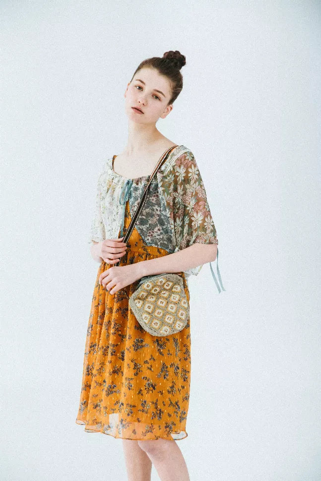 Floral kimono-style dress, orange and sage green print, rounded neckline, tie sleeves