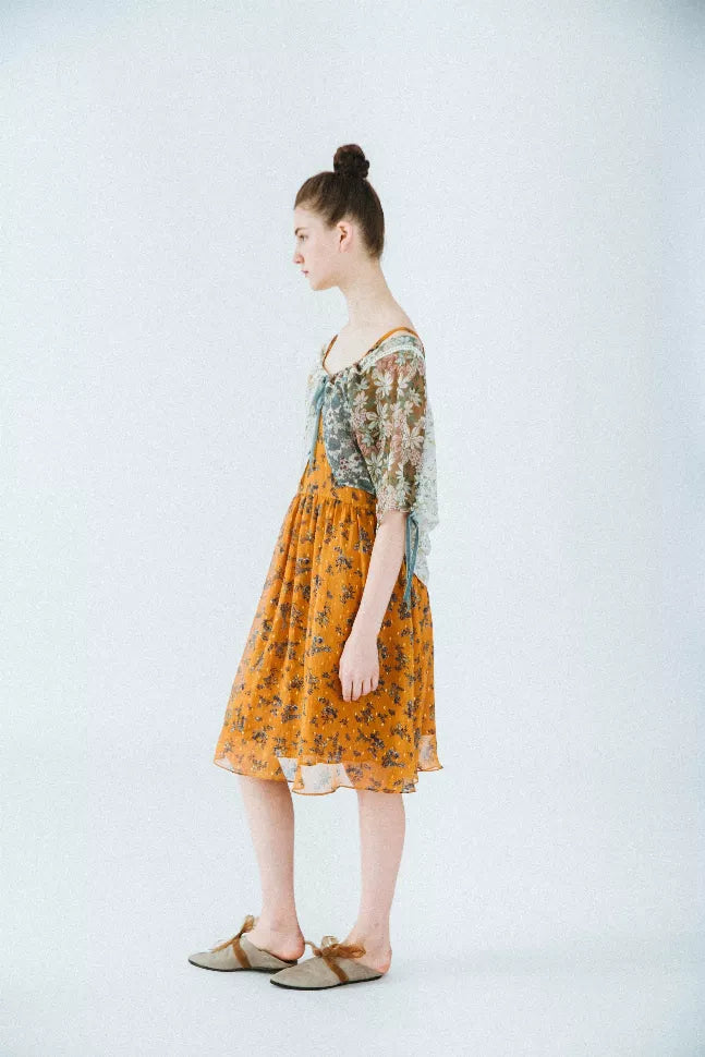 Floral kimono-style dress, orange with green floral print, knee-length hem, 3/4 sleeves