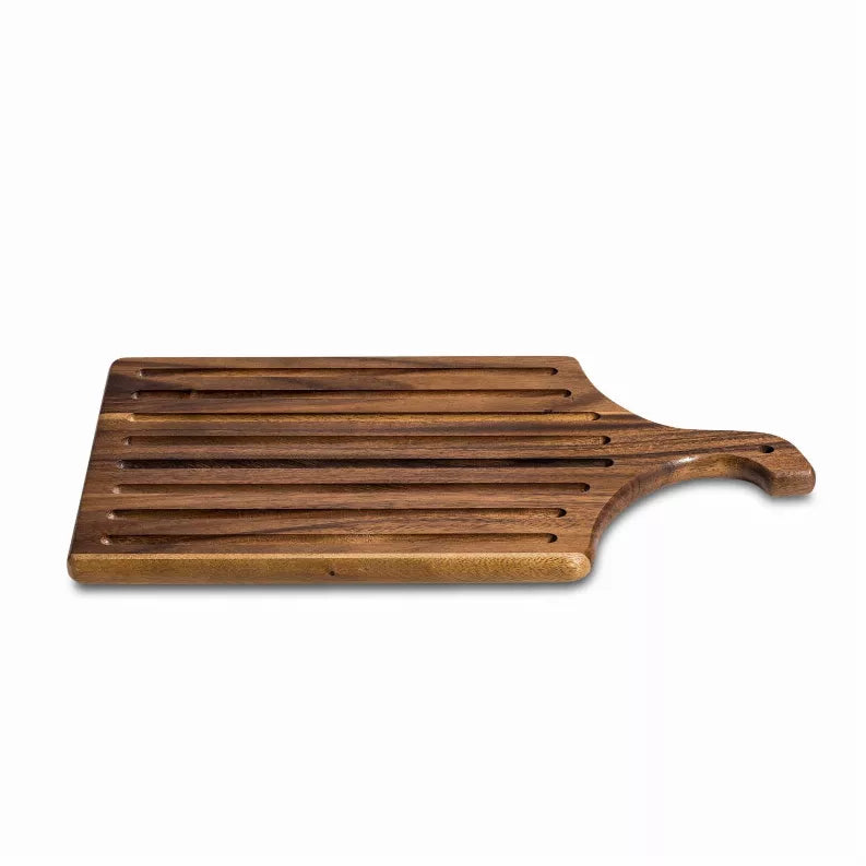 Wood slotted bread board with serving handle, rectangular with rounded corners