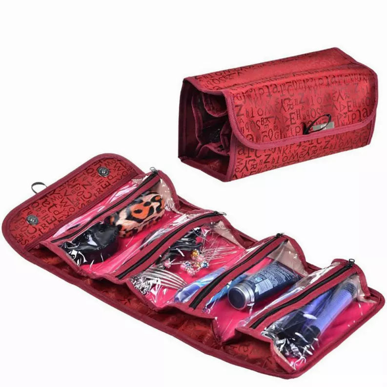 Red roll-up pouch with transparent sleeves and zipper compartments for small essentials