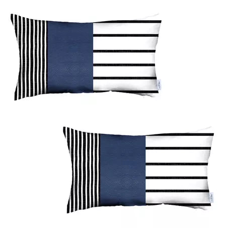 Navy and white striped faux leather throw pillow cover with vertical and horizontal stripes