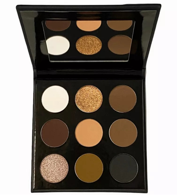 Black eyeshadow palette with 9 circular powder pans and open lid