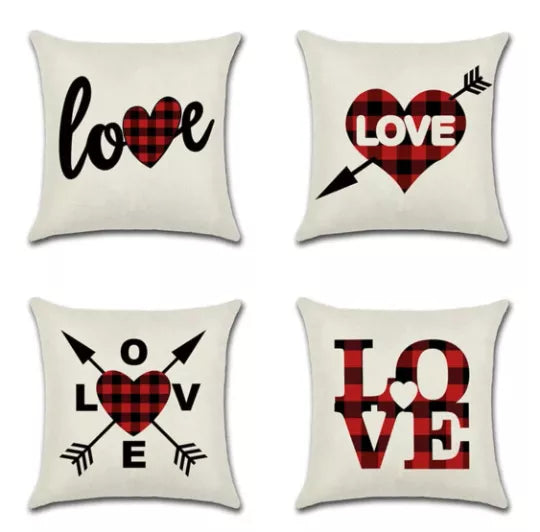 Valentine throw pillow covers collage: love script, plaid heart arrows, and LOVE blocks