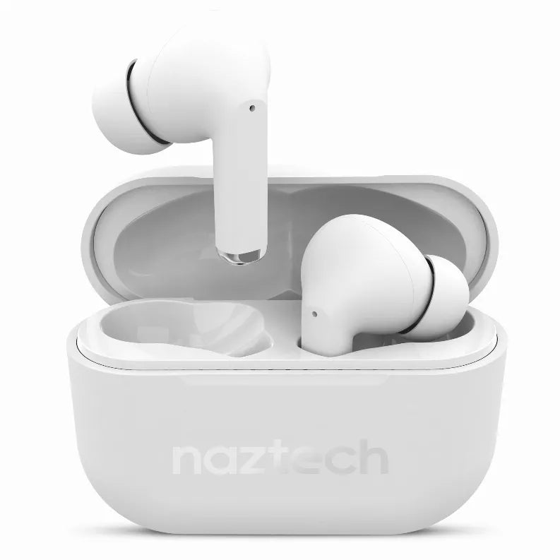 White wireless earbuds in open charging case, earbuds seated in the tray