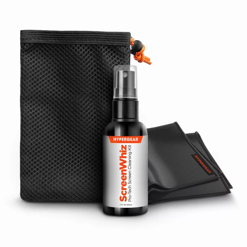 Screen cleaning kit with black mesh pouch, spray bottle, and microfiber cloths
