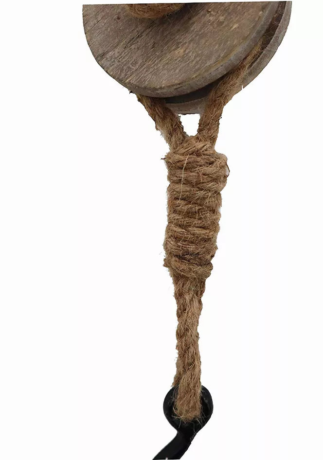 Faux iron pulley top with jute rope and black metal hook loop