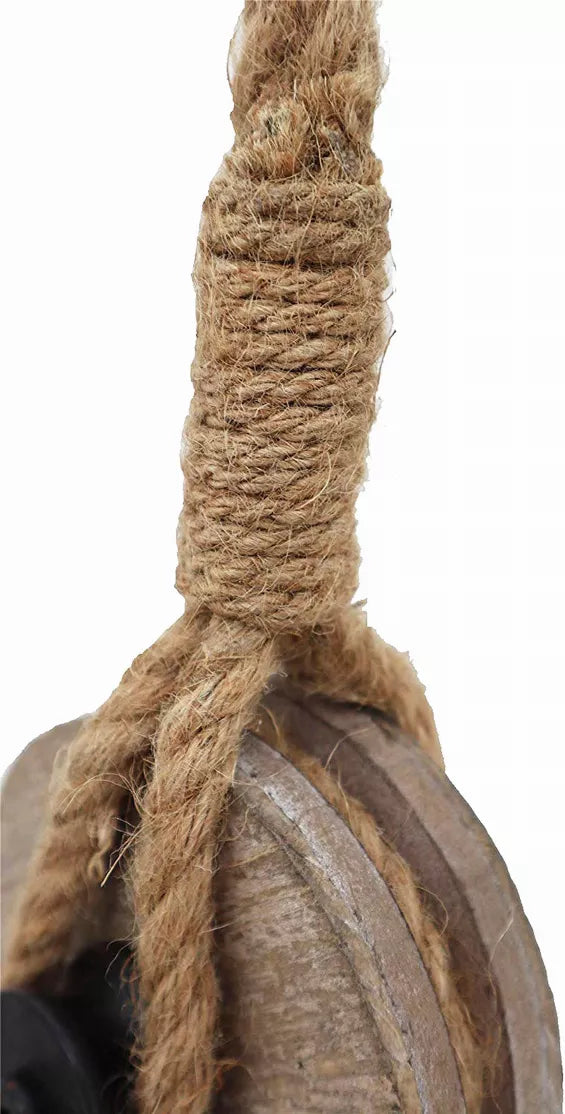 Jute rope wrapped faux iron pulley wheel with dark metal axle