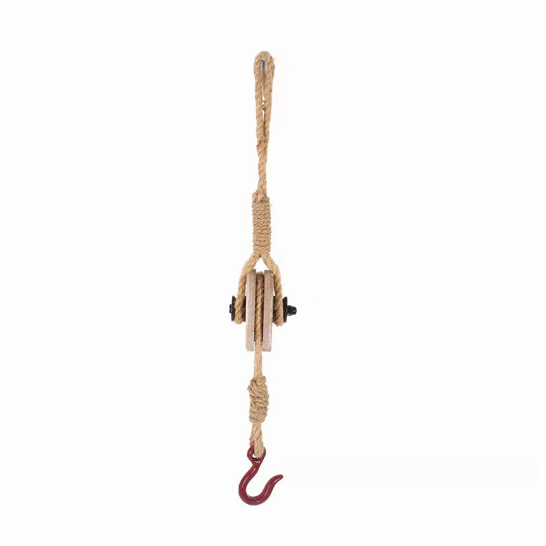 Decorative iron faux pulley with jute rope and red metal hook