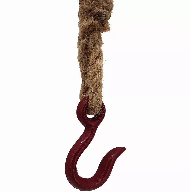 Industrial faux pulley with jute rope and red S-shaped metal hook