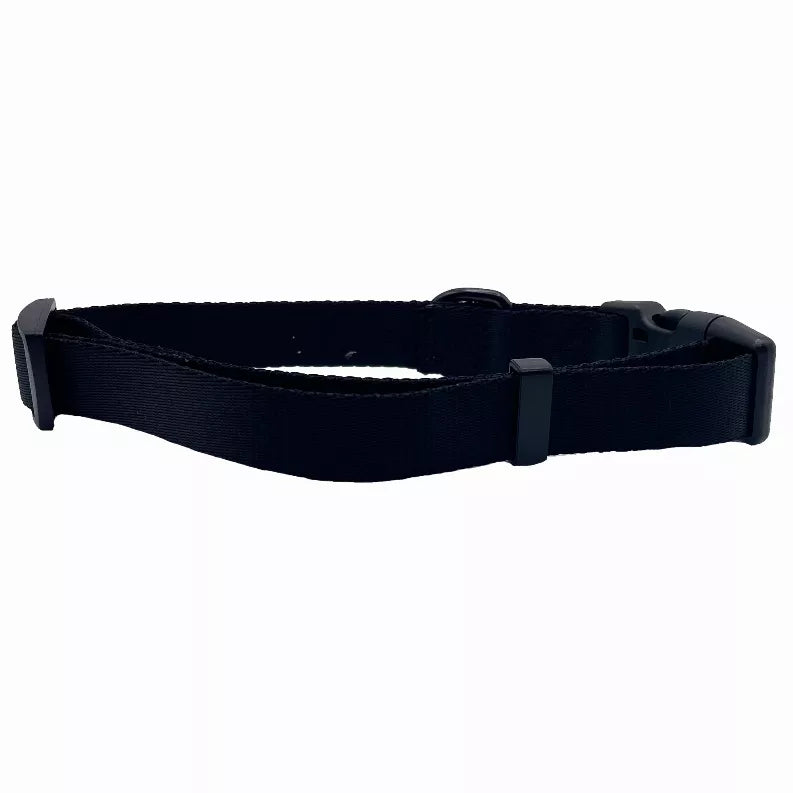 Black fabric dog collar with adjustable buckle and D-ring, small size