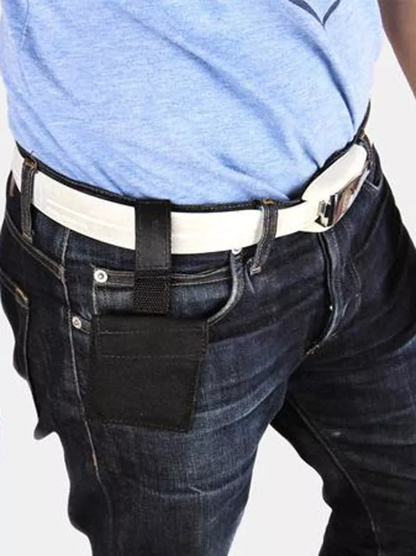 Black auxiliary wallet clipped to jeans belt for front carry