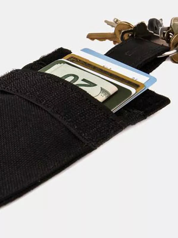 Black auxiliary wallet holding cards and a keyring in the pocket