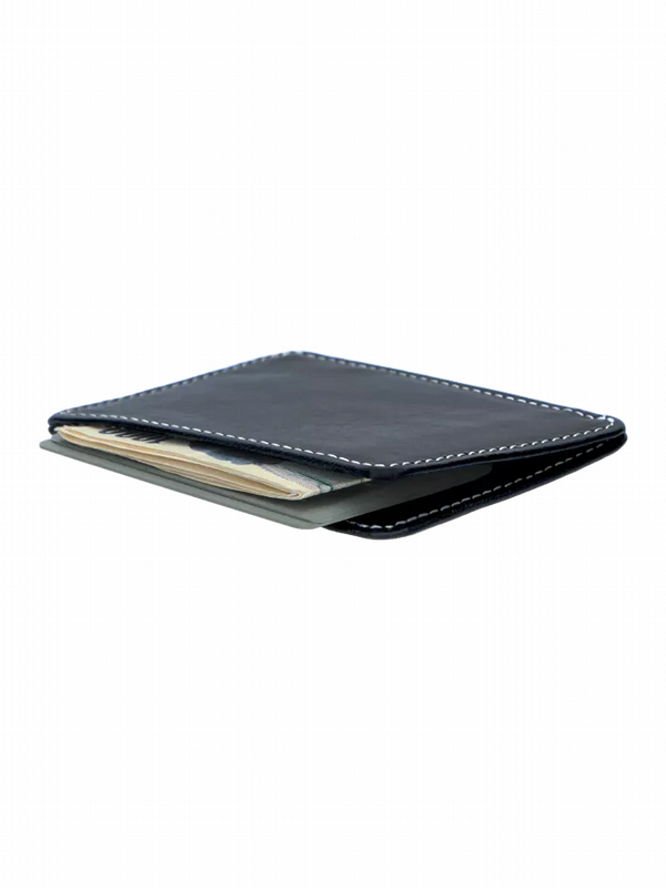 Slim black bifold wallet with stitched edge, visible card slot and inner lining.