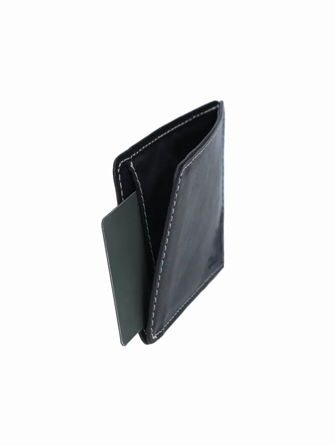 Dark slim bifold wallet, side view with contrast stitched perimeter and card sleeve.