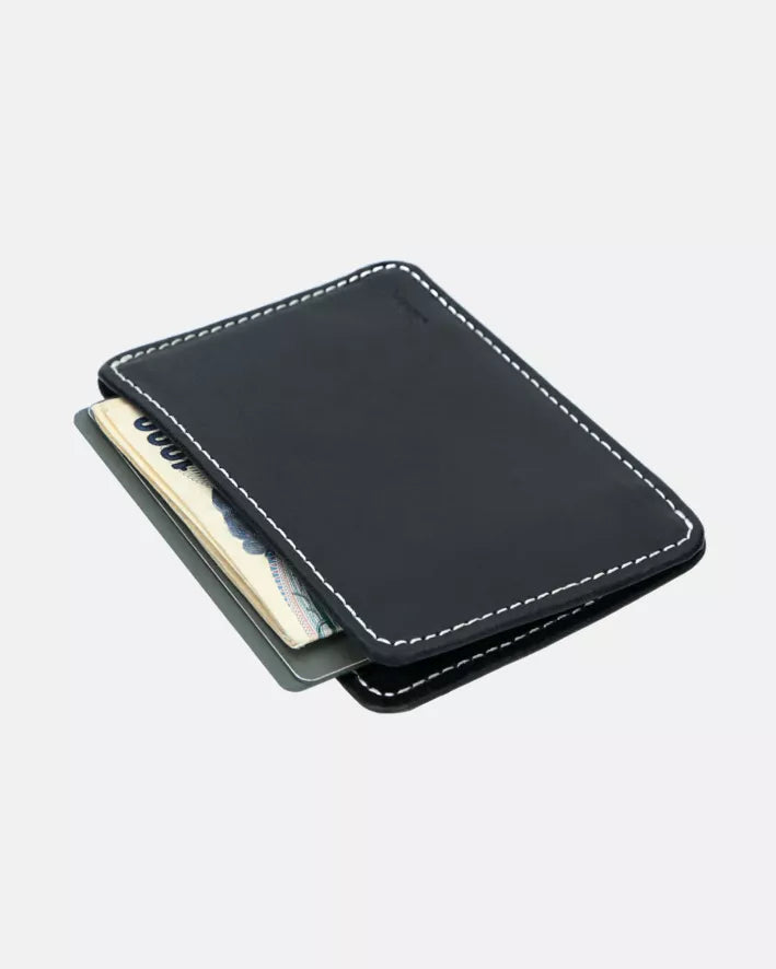 Black slim bifold wallet, top view with stitched border and card slot showing inserts.