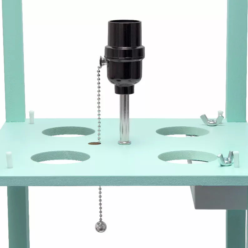 Aqua floor lamp etagere organizer with black top socket and hanging pull chain