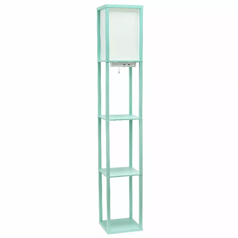 Aqua 4-shelf floor lamp storage cabinet with open frame and top lamp panel