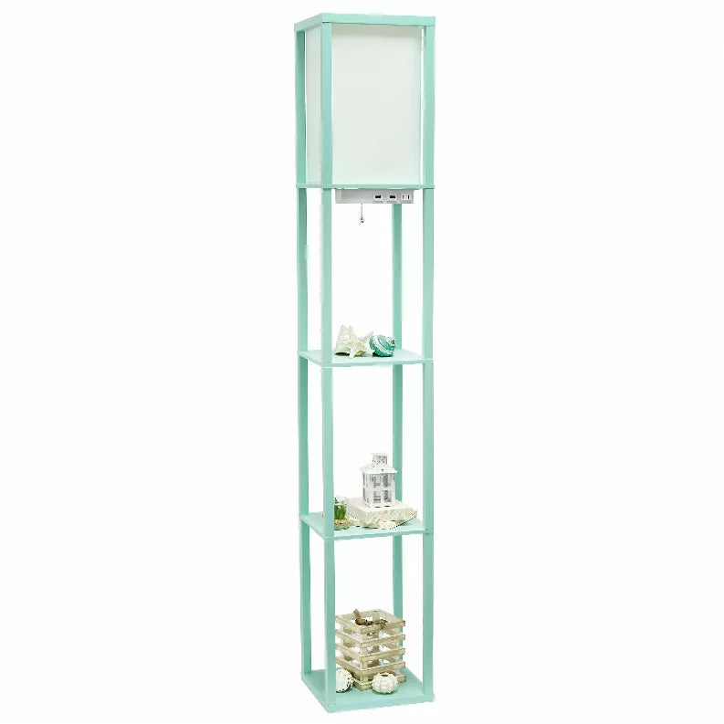 Aqua floor lamp organizer with three visible shelves and top lamp panel