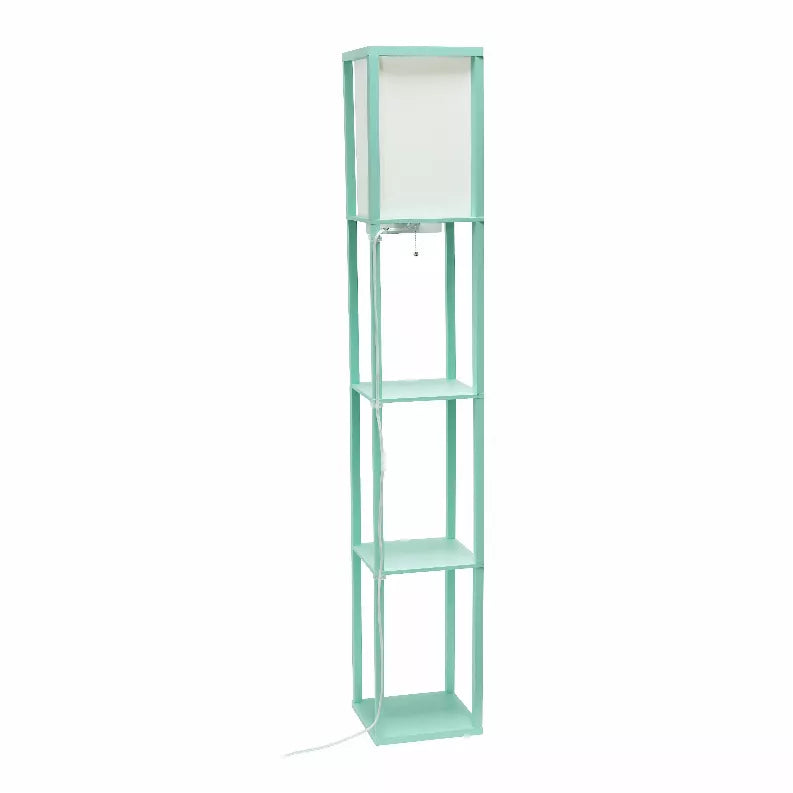 Aqua floor lamp storage shelf with open shelves and top lamp panel