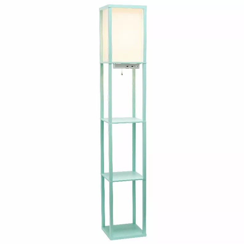 Aqua vertical floor lamp etagere organizer with open shelving and lamp panel
