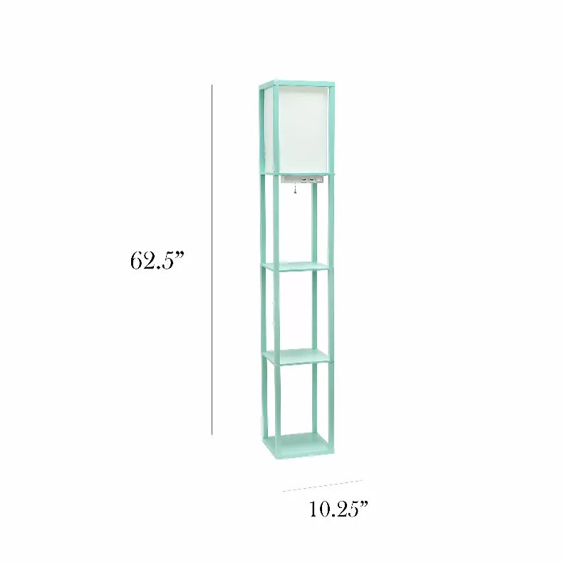 Aqua floor lamp etagere organizer with dimensions shown: 62.5 in tall and 10.25 in wide