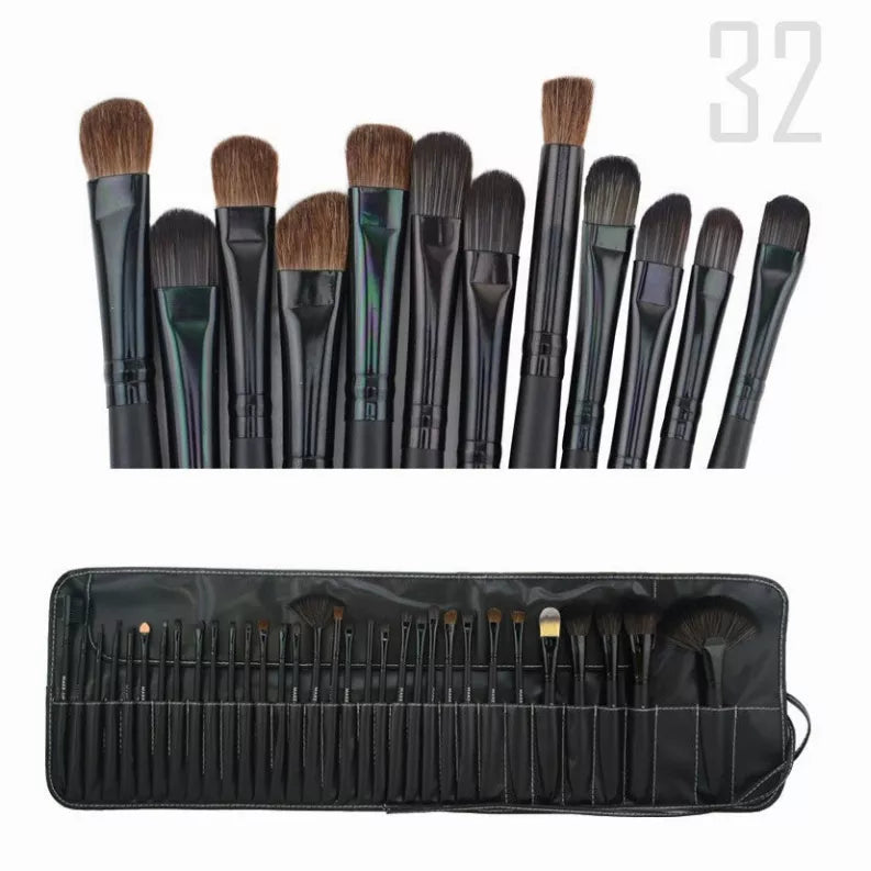 Black wooden makeup brush set with roll-up case, multiple brush heads