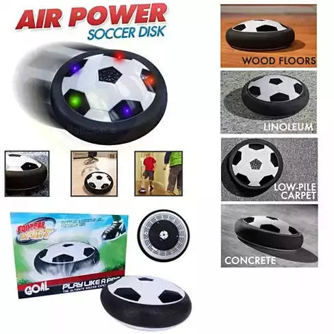 Indoor soccer hover disk with glowing LED lights, black base and white soccer-ball top